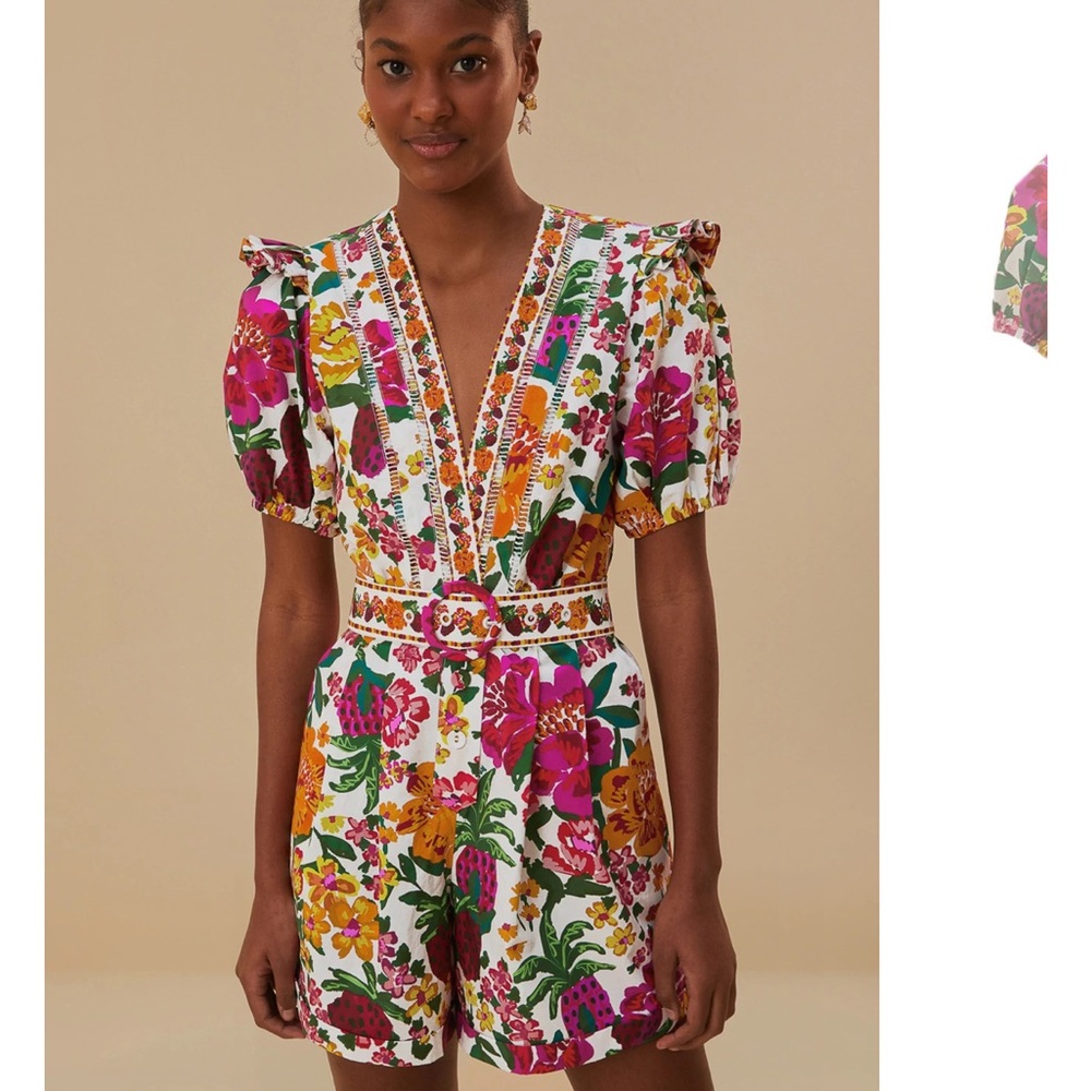 NWT Farm Rio off white v neck flowerful sketch romper, XL - Picture 4 of 8